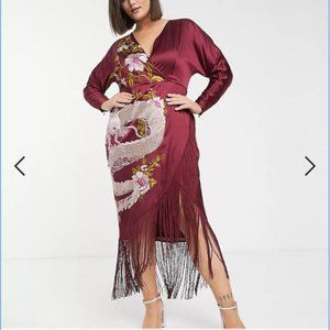 ASOS DESIGN Curve midi kimono dress with dragon embroidery and fringe hem US 28